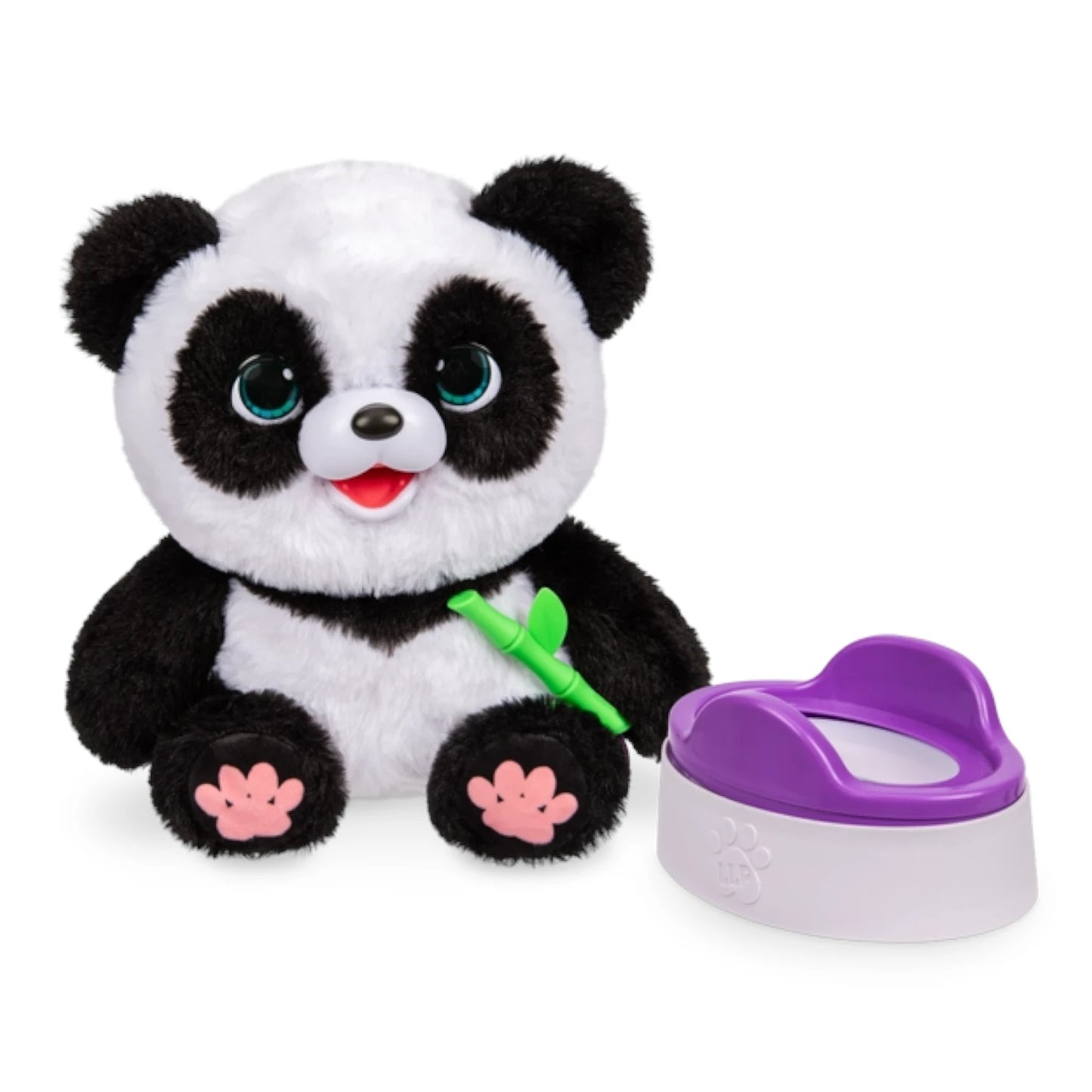 Little Live Pets - My Baby Panda Chuchu Plush panda toy with a purple potty on a white background