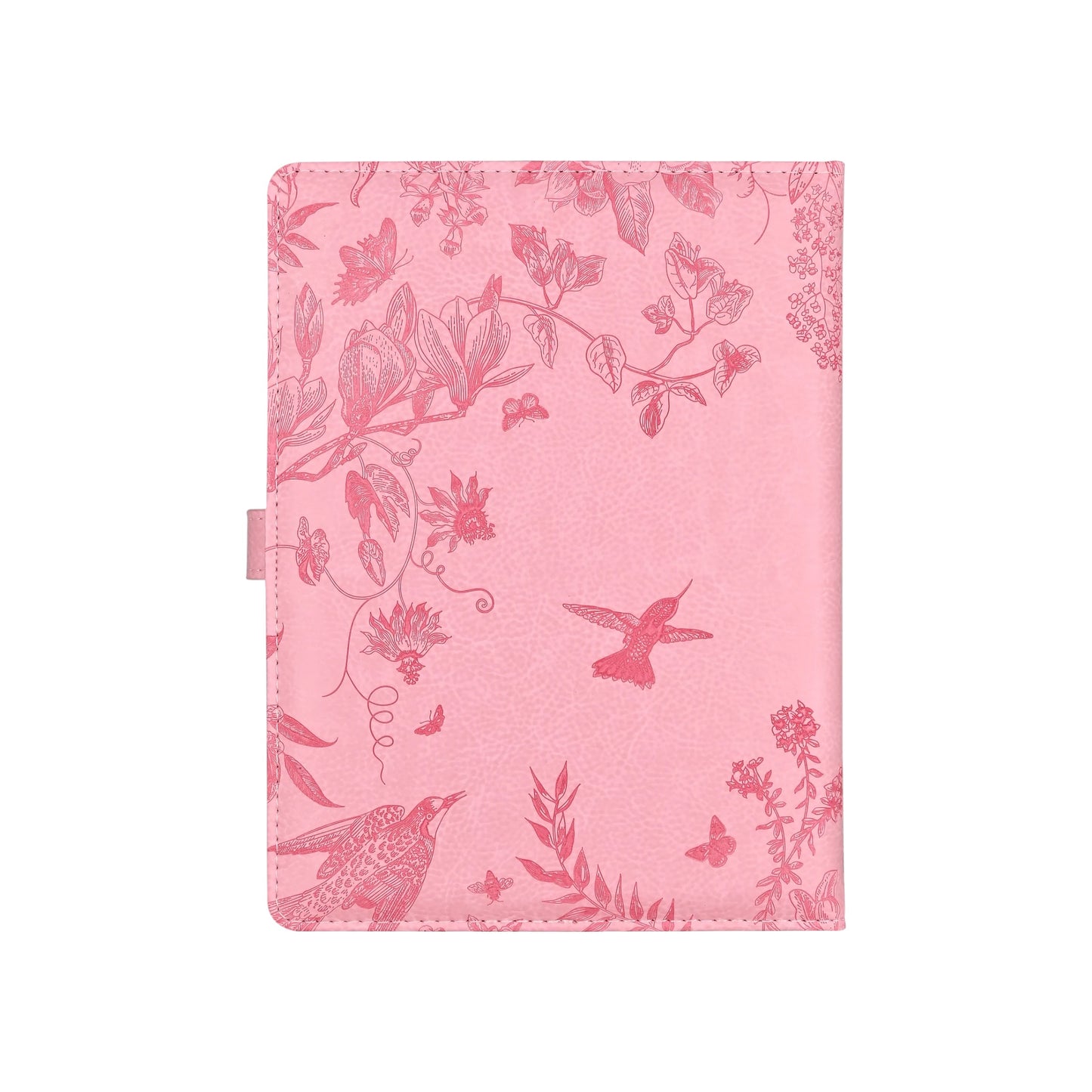 Pink notebook with floral and bird pattern on a white background