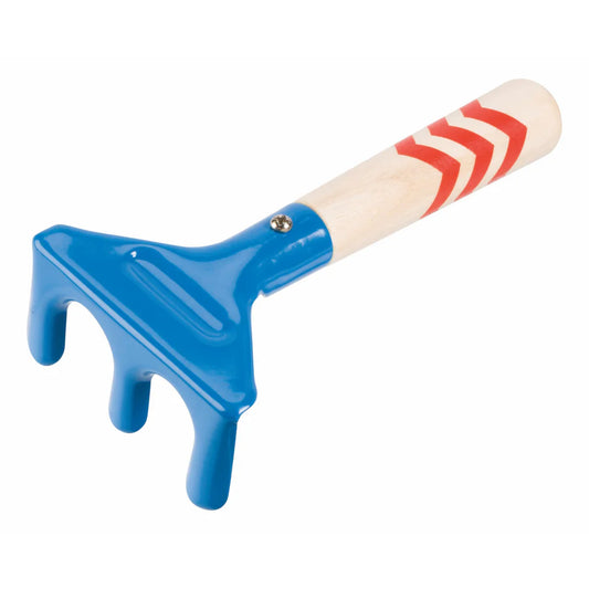 Blue plastic tool with a wooden handle featuring red stripes on a white background
