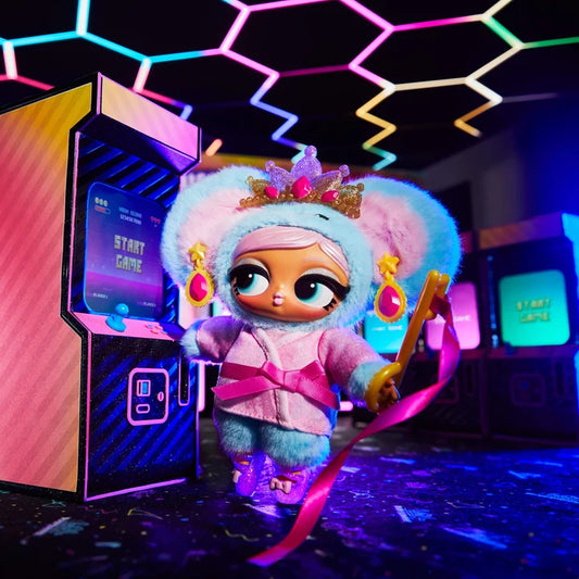 Toy figure with colorful hair and outfit in front of an arcade machine with a vibrant, multicolored geometric pattern in the background.
