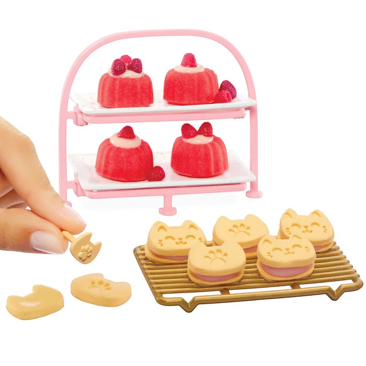 Miniature pink three-tiered stand with red jelly-like desserts and a gold tray with cat-shaped cookies. Miniverse Make It Mini From Scratch Series 2