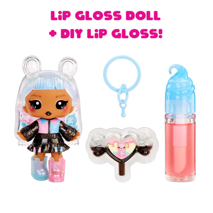 Lip gloss doll and DIY lip gloss set with a pink and blue design.