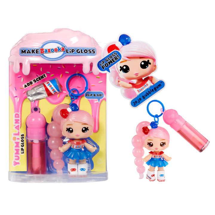 Yummiland x Bazooka Bubble Gum lip gloss doll with pink hair styled like bubbles, wearing a red, white, and blue outfit, shown with DIY lip gloss kit components including pink lip gloss tube, scented liquid packet, stirring spoon, and keychain ring.