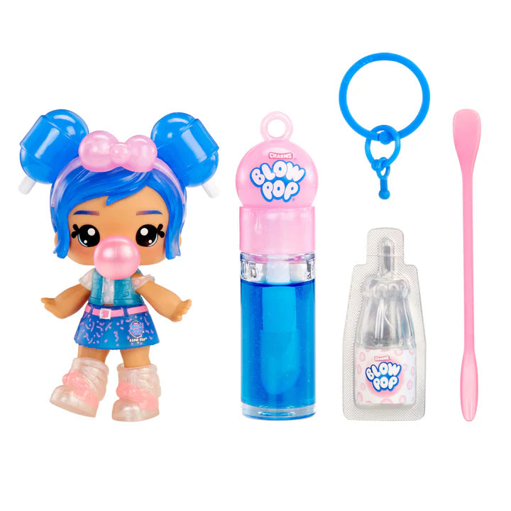 Yummiland x Blow Pop Blue Raspberry lip gloss doll with blue hair in buns, blowing a pink bubblegum bubble, wearing a blue outfit, shown with DIY lip gloss kit components including blue lip gloss tube, scented liquid packet, stirring spoon, and keychain ring.