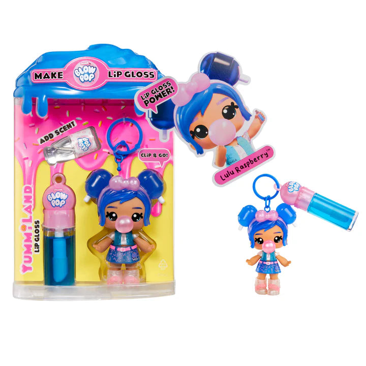Yummiland x Blow Pop Blue Raspberry lip gloss doll with blue hair in buns, blowing a pink bubblegum bubble, wearing a blue outfit, shown with DIY lip gloss kit components including blue lip gloss tube, scented liquid packet, stirring spoon, and keychain ring.