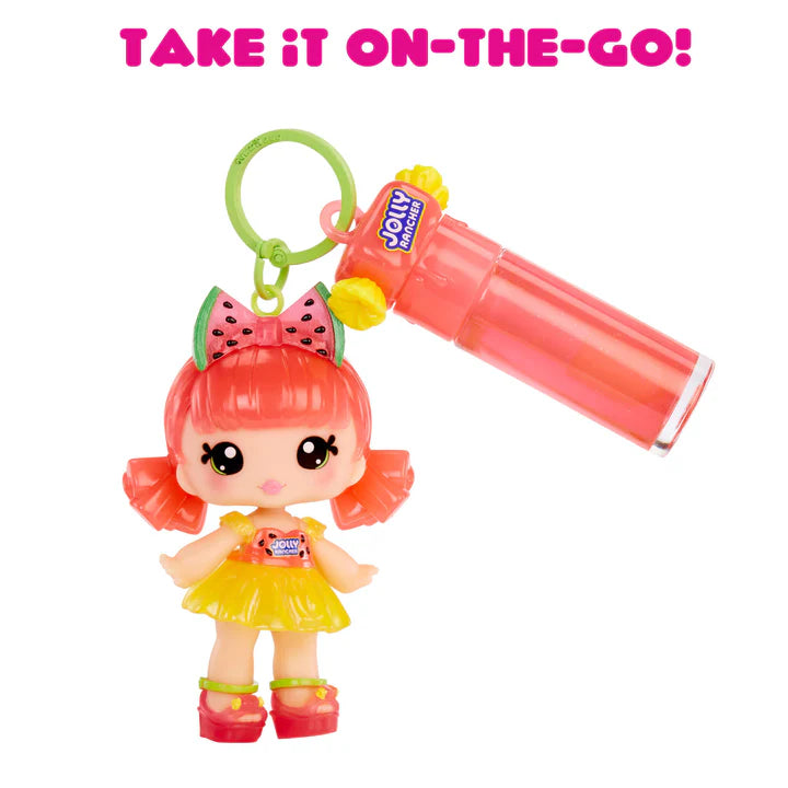 Toy figure with watermelon-themed hair and a Jolly Rancher candy container on a white background.