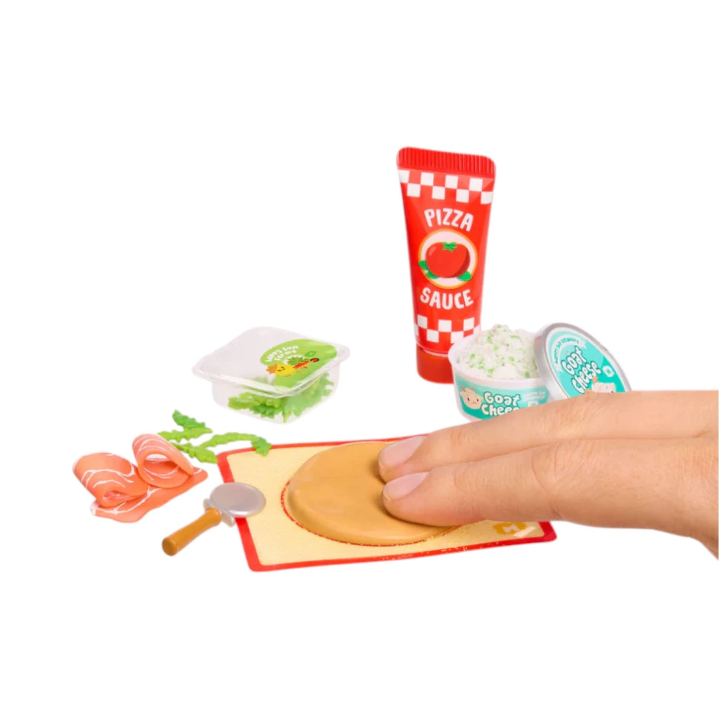 Miniverse Make It Mini From Scratch Series 2 Miniature pizza-making set with ingredients and a hand interacting with it on a white background