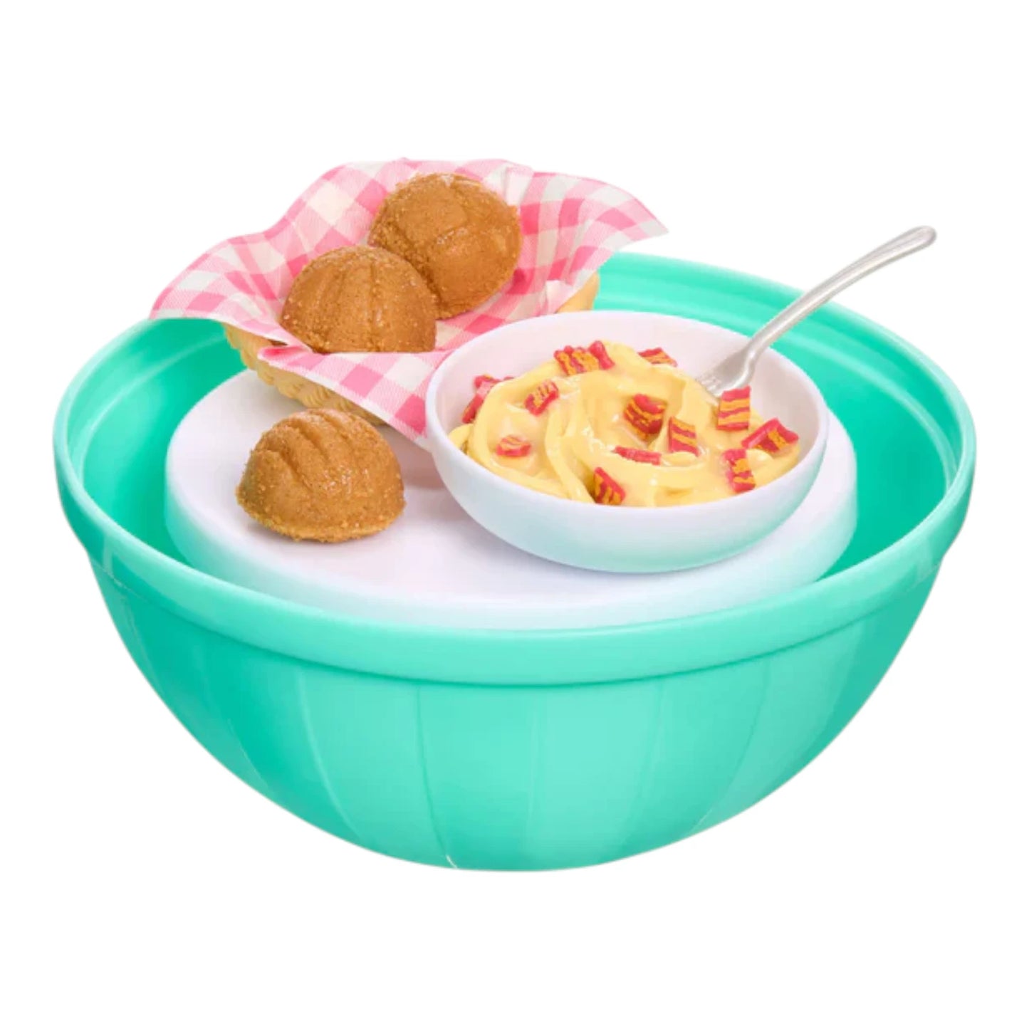 Miniverse Make It Mini From Scratch Series 2 Teal bowl with a smaller white bowl inside containing a dessert, surrounded by cookies on a white background.