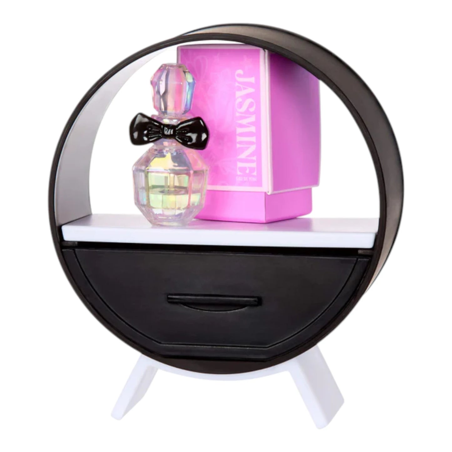 Miniverse Make It Mini Fragrances Round black and white shelf with a pink box and decorative items on a white background