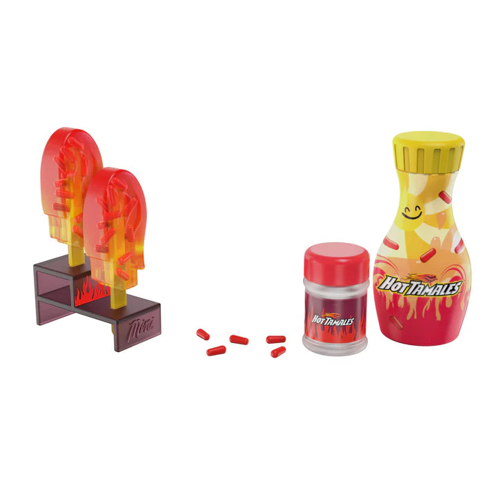 Miniverse Make It Mini Treats surprise capsule front Hot Tamales display and candies