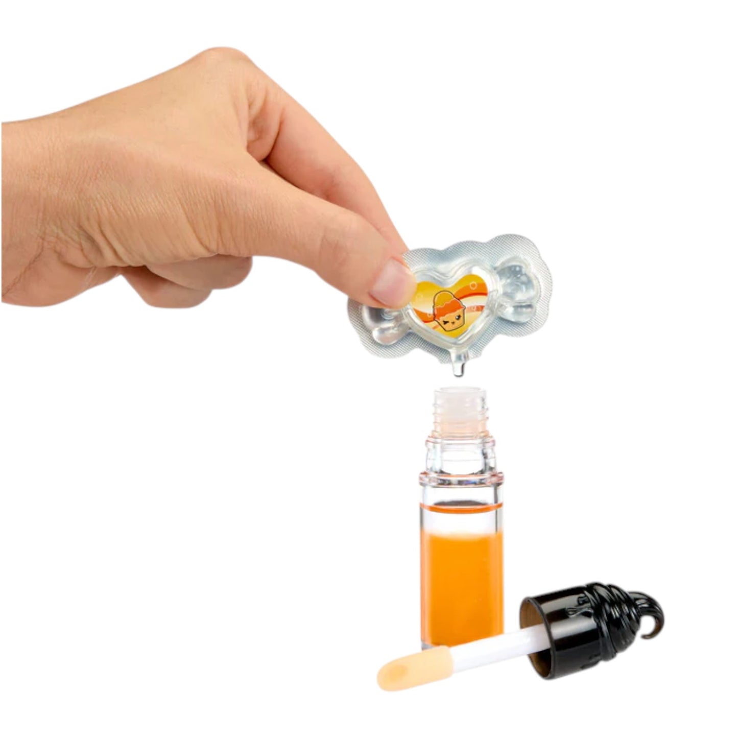 Hand holding a small bottle with a heart-shaped cap and orange liquid, with a dropper and applicator on a white background.