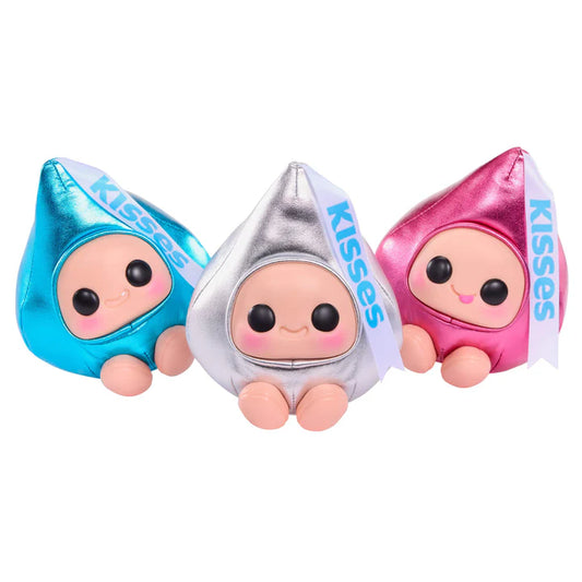 Hyojo Hershey's Kisses Series blind box collectible plush featuring cute expressive faces inside metallic pink, blue, and silver Hershey's Kisses wrappers.