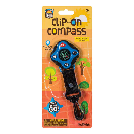 Clip-on compass packaging with a blue compass on an orange background