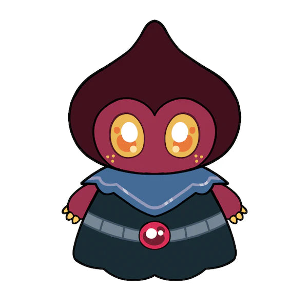 Squishable Mini Flatwoods Monster Cartoon character with large eyes and a red hood on a white background