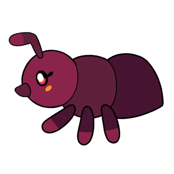 Cartoonish purple ant character on a white background