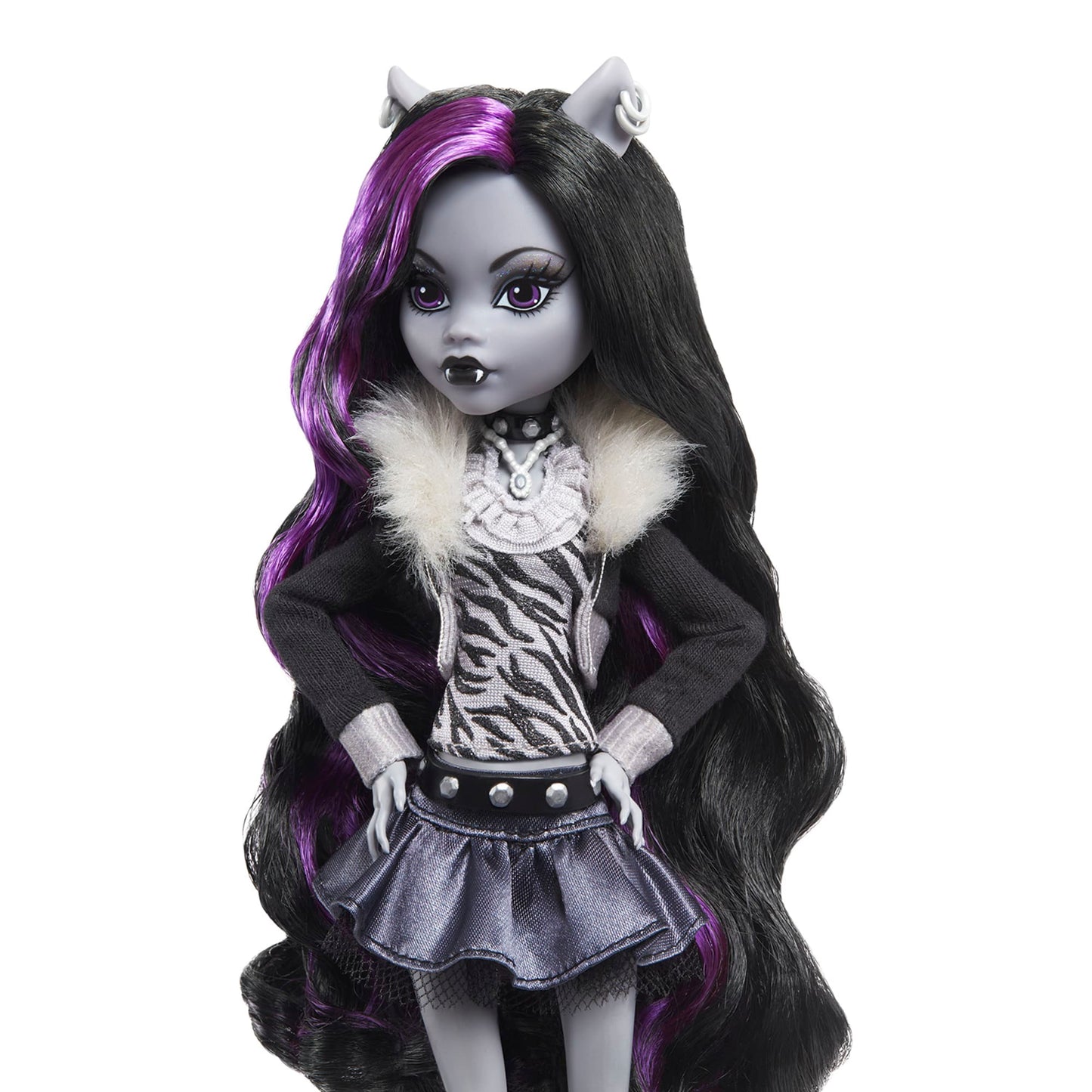 Monster High Reel Drama Clawdeen Wolf doll with long black and purple hair, wearing a black and white outfit with fur accents on a white background.