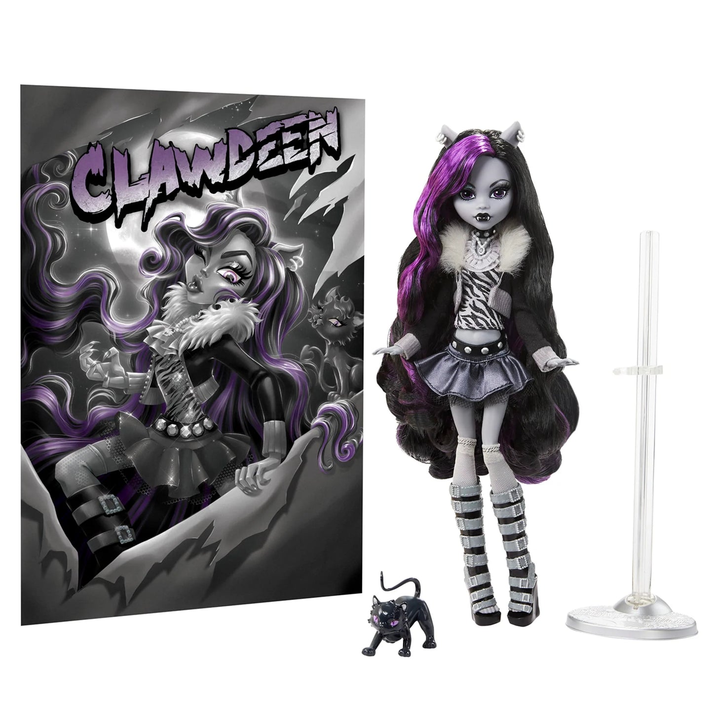 Monster High Clawdeen Wolf reel drama doll with packaging and stand on a white background