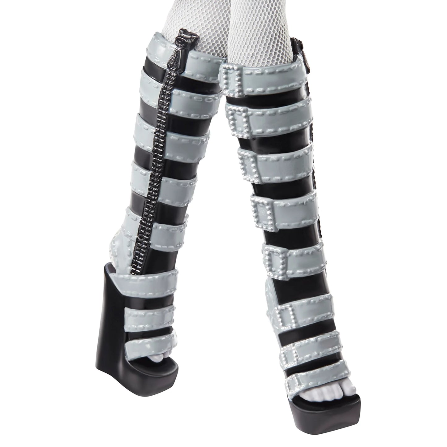 Black and gray striped leg warmers with zippers on a white background