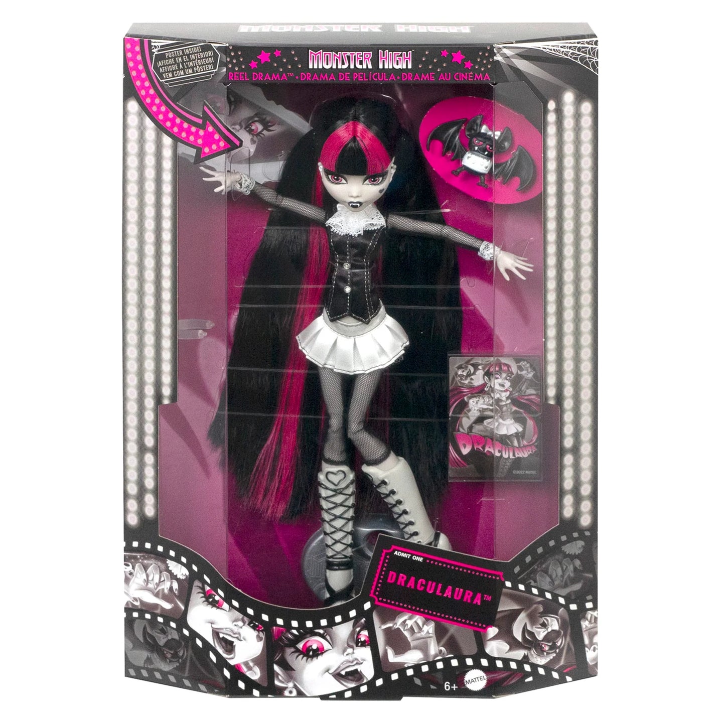 Monster High Draculaura Reel Drama doll in packaging on a white background