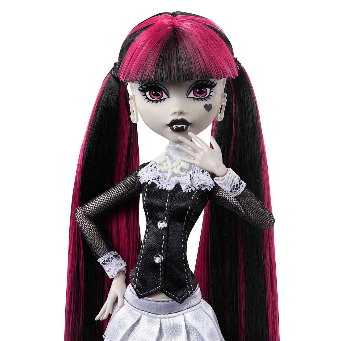 Monster High Reel Drama doll with black and pink hair, wearing a black and white outfit on a white background