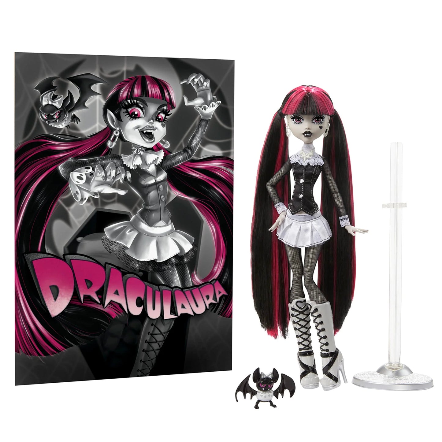 Monster High Draculaura Reel Drama doll with packaging and accessories on a white background