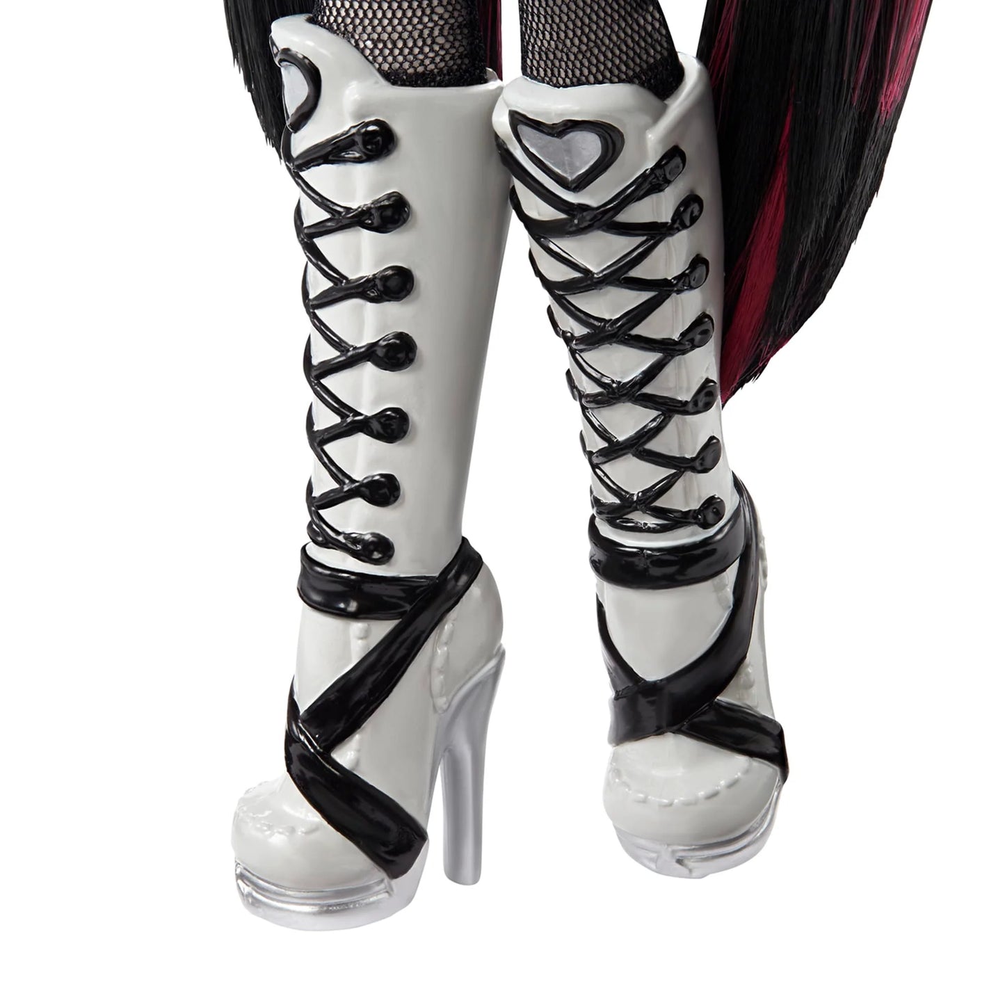 White high-heeled boots with black lace-up design on a white background