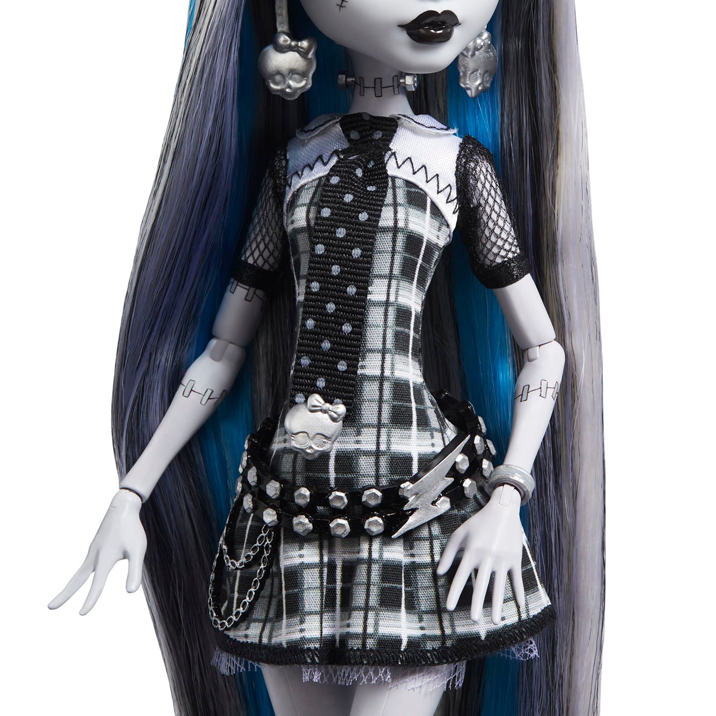 Monster High Reel Drama Frankie Doll with black and white outfit on a white background