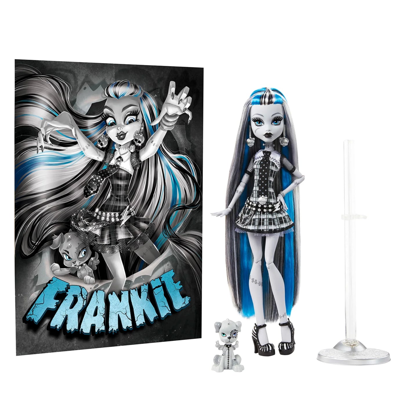 Monster High Reel Drama Frankie Doll with long hair and a pet, next to promotional poster