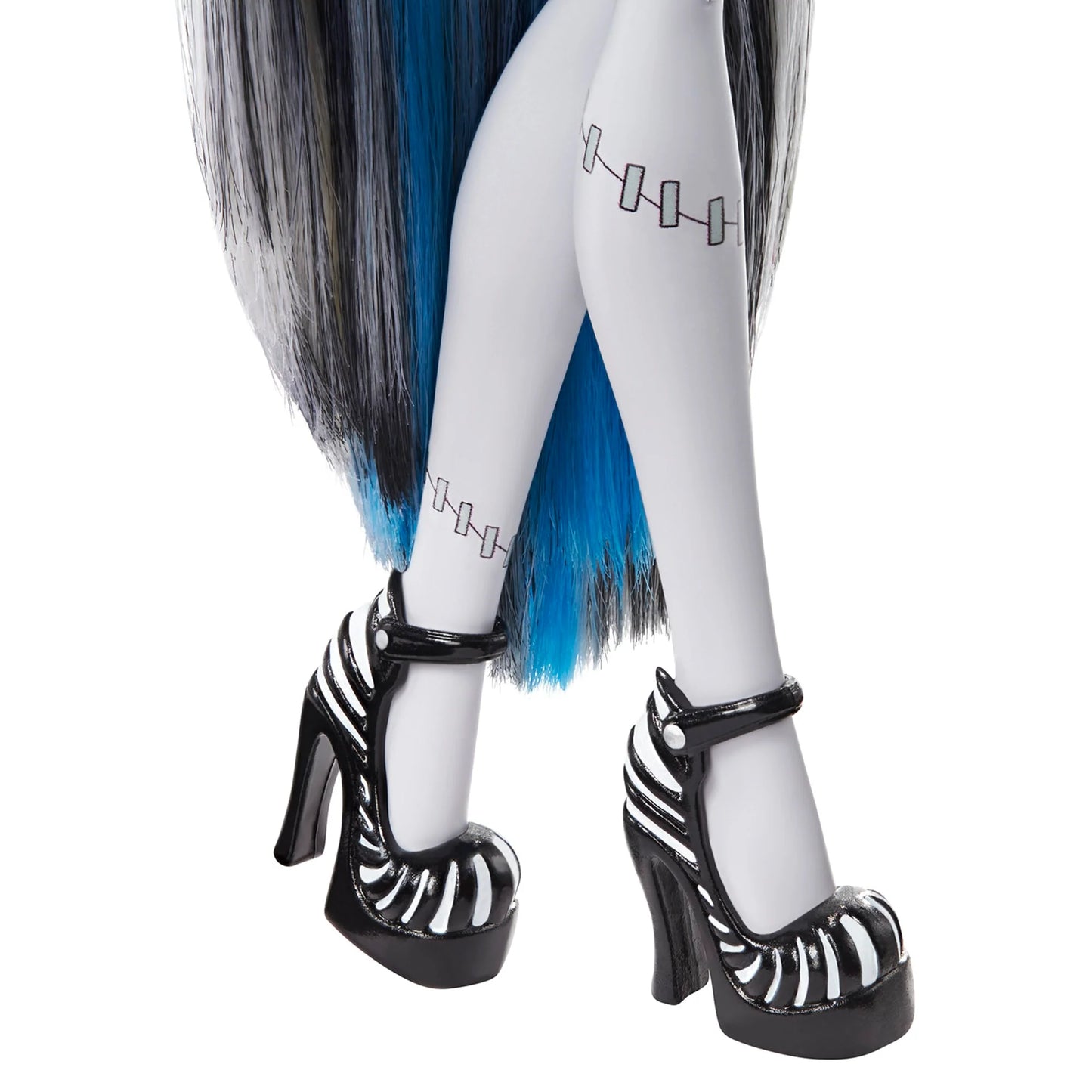 Monster High Reel Drama Frankie Doll wearing black and white striped high heels with zebra pattern, white tights, and blue hair.