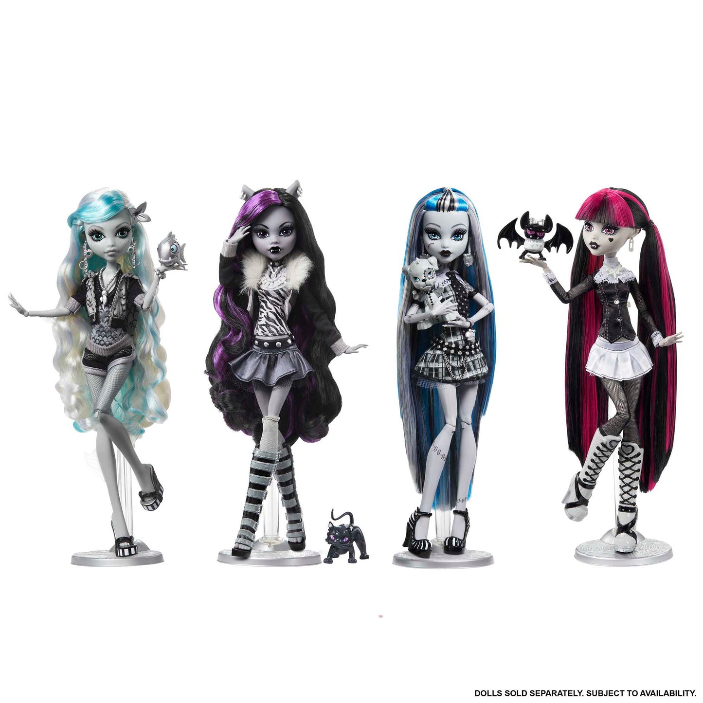 Four Monster High Reel Drama dolls with distinct outfits on a white background