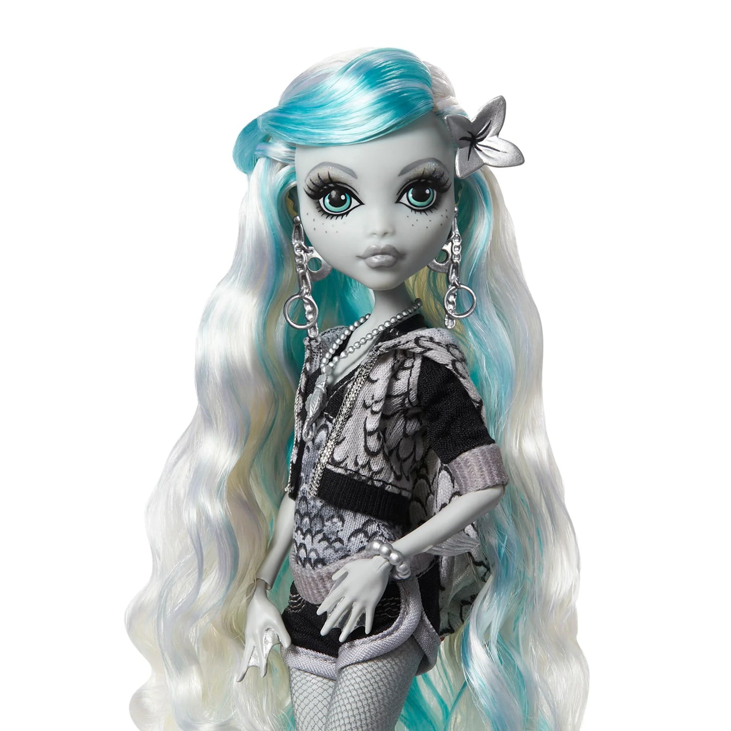 Monster High Reel Drama Lagoona Blue Doll with blue and white hair on a white background