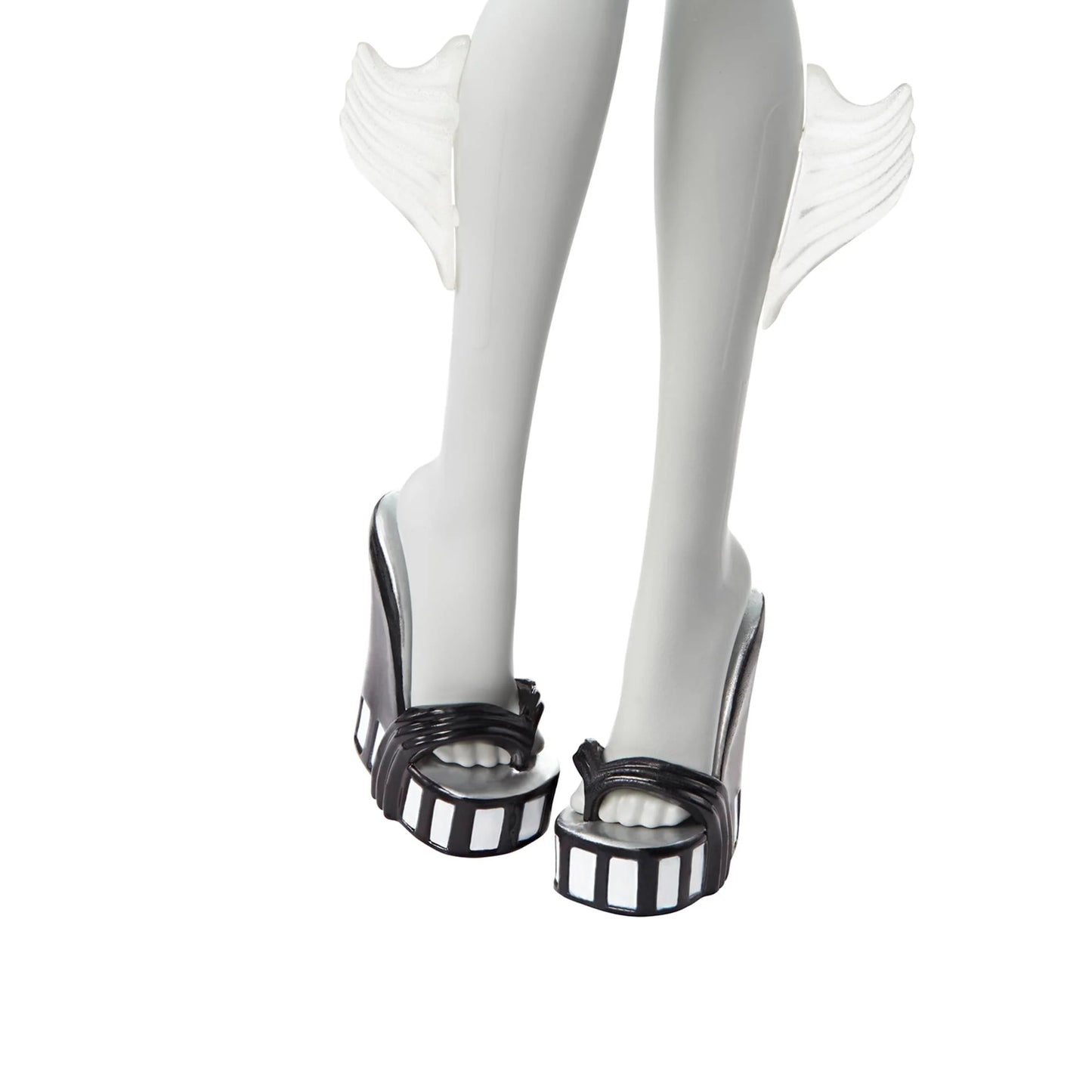 Black and white striped shoes with fish tail design on a white background
