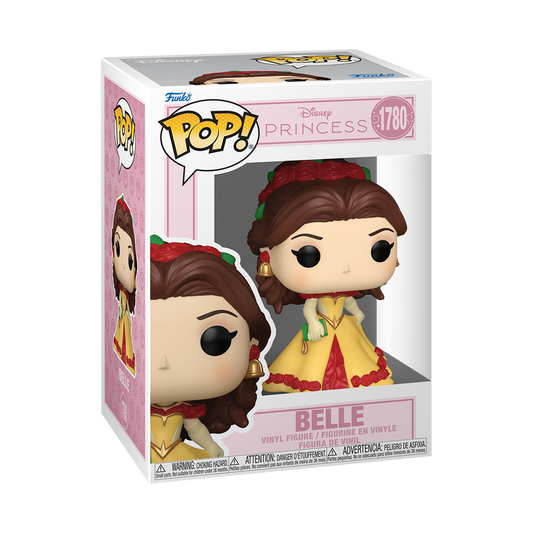 Funko Pop! Disney Belle vinyl figure wearing a yellow and red gown with red roses, gold earrings, and holding a small green book.