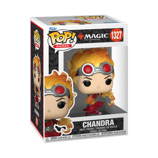 Funko Pop! Magic: The Gathering Chandra pyromancer vinyl figure featuring flaming hair, goggles, and fire-wielding hands