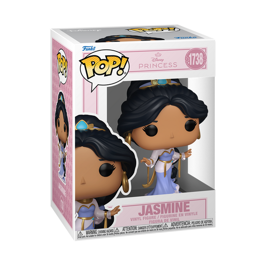 Funko Pop! Disney Jasmine vinyl figure wearing a flowing light blue and white gown with gold ribbons, large gold hoop earrings, and a jewel headpiece.