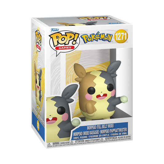 Funko Pop! Pokémon Morpeko Full Belly Mode vinyl figure featuring a two-toned yellow and brown coat with pink cheeks waving hello