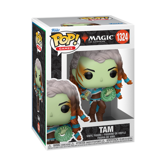 Funko Pop! Magic: The Gathering Tam Gorgon Wizard vinyl figure hovering on a stand while conjuring a green spell.