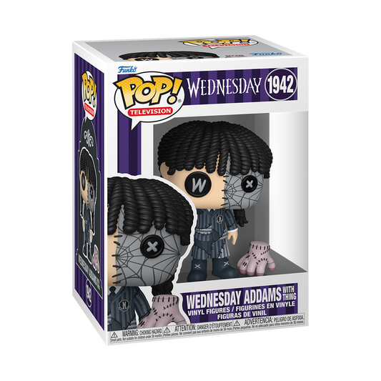 Funko Pop! Wednesday Addams Patchwork vinyl figure featuring button eyes and braided hair standing next to a stitched Thing figure.