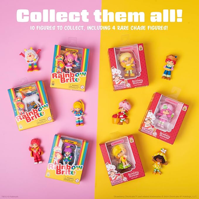 Promotional image of Rainbow Brite and Strawberry Shortcake toys with packaging on a pink and yellow background.