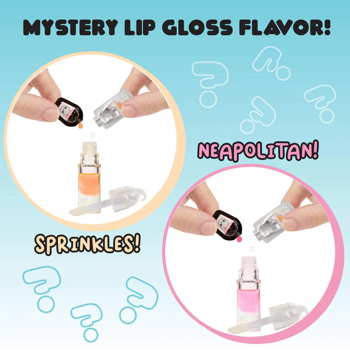 Promotional graphic for mystery lip gloss flavor with question marks and text on a blue background.