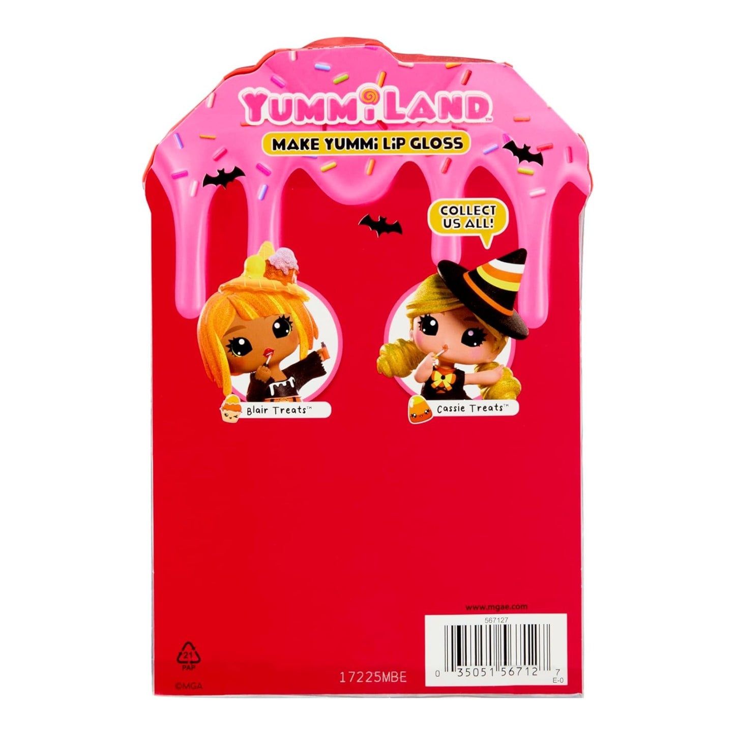 Alt Text: Yummiland Blair Treats Halloween Lip Gloss Doll with DIY Kit packaging with cartoon characters on a red background