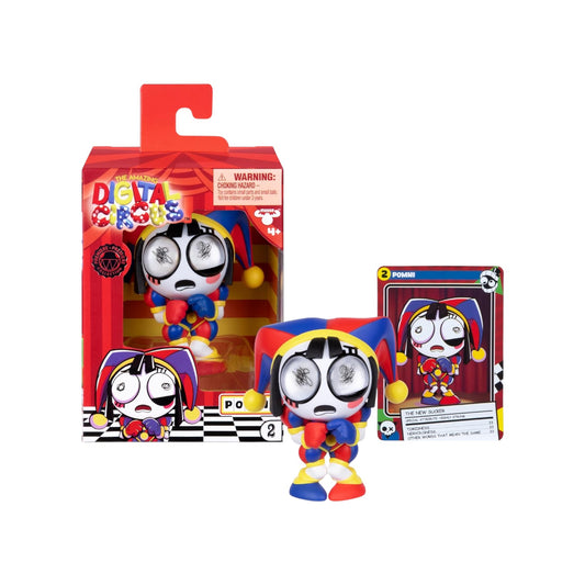 The Amazing Digital Circus 4-inch Pomni vinyl figure featuring jittery eyes and a collector card