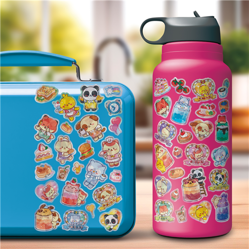 Blue lunch box and pink water bottle with cartoon character stickers on a blurred outdoor background