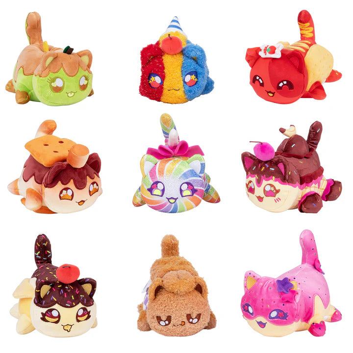 An assortment of nine different Aphmau Carnival Treats MeeMeow plush cat toys (Caramel Apple, Lollipop, Party Hat, Onion Ring, S'mores, Ice Cream Sundae, Chocolate Banana Split, Rainbow Swirl, Frosted Cookie).