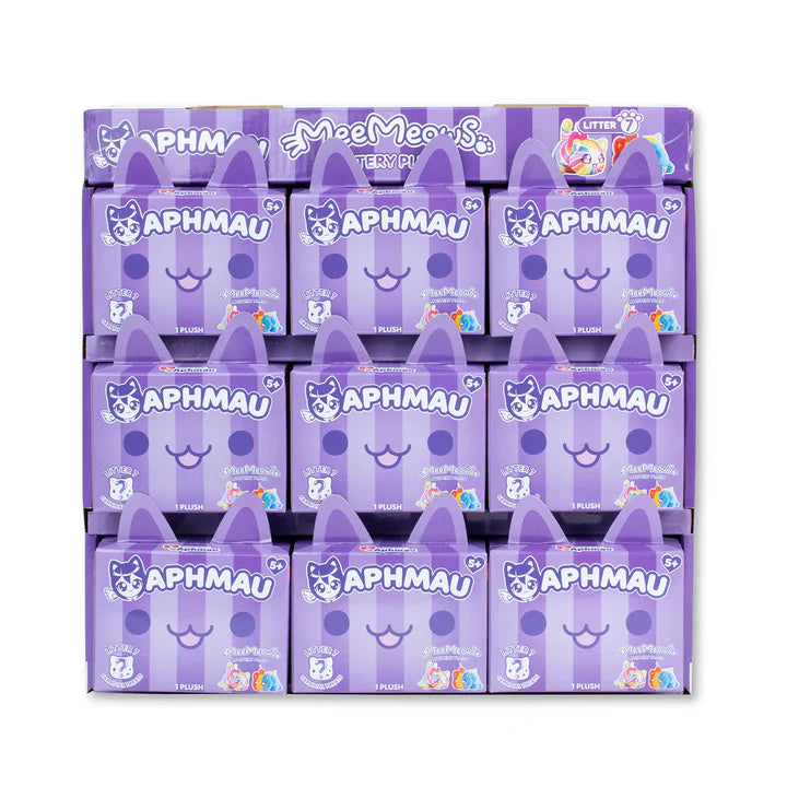 An assortment of nine different Aphmau Carnival Treats MeeMeow plush cat toys (Caramel Apple, Lollipop, Party Hat, Onion Ring, S'mores, Ice Cream Sundae, Chocolate Banana Split, Rainbow Swirl, Frosted Cookie) surrounding a closed purple mystery box featuring Aphmau branding.