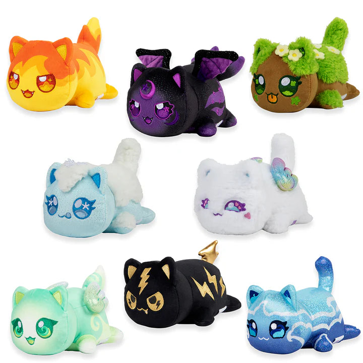 An assortment of eight different Aphmau Elemental MeeMeow plush cat toys (Fire, Dark, Earth, Ice, Light, Air, Lightning, Water)