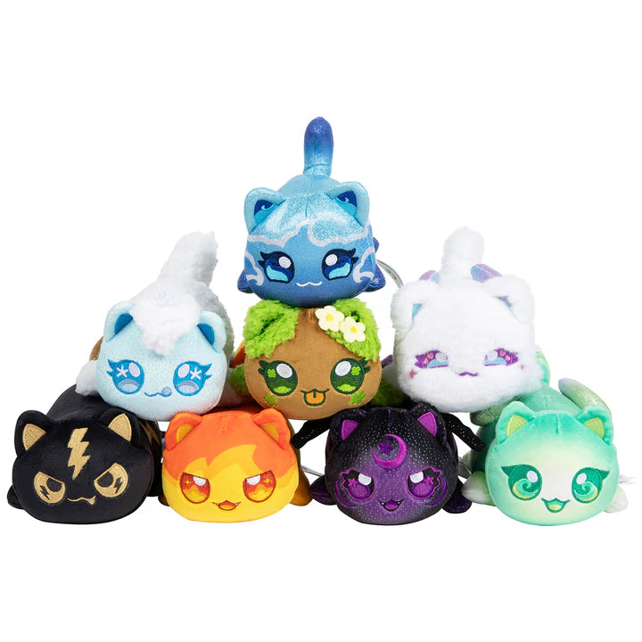 An assortment of eight different Aphmau Elemental MeeMeow plush cat toys (Fire, Dark, Earth, Ice, Light, Air, Lightning, Water)