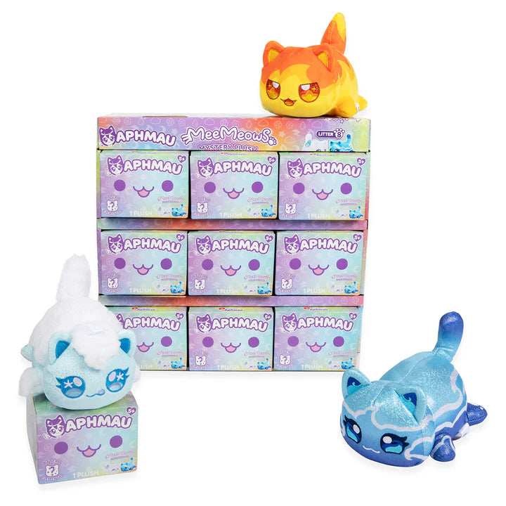 Collection of colorful plush toys and boxes with 'Aphmau' branding on a white background