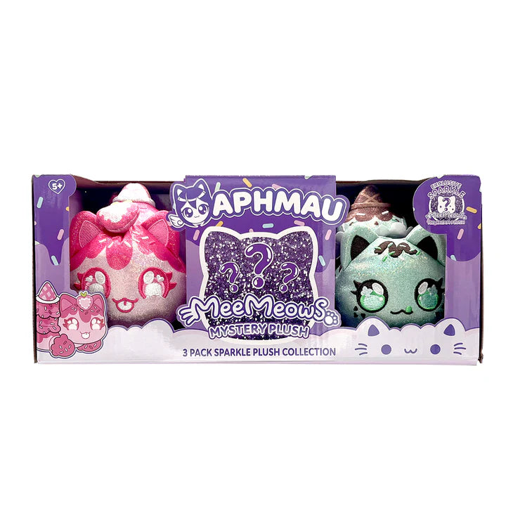 Packaging for Aphmau MeeMeows Sparkle Ice Cream 3 Pack Mystery Plush Collection, showing Sparkle Strawberry Cat, Sparkle Mint Chip Cat, and a purple glitter question mark indicating the mystery plush.