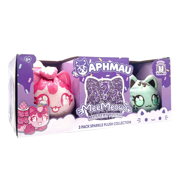 Packaging for Aphmau MeeMeows Sparkle Ice Cream 3 Pack Mystery Plush Collection, showing Sparkle Strawberry Cat, Sparkle Mint Chip Cat, and a purple glitter question mark indicating the mystery plush.